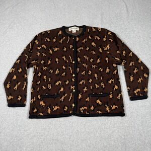 Vintage 80s Crystal-Kobe Leopard Print Cardigan Sweater Gold Buttons Size L